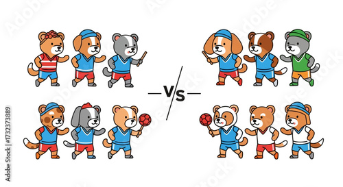 Illustrative battle of stylized cartoon dogs versus bears in playful competition for children
