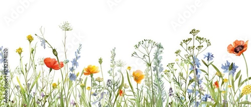Watercolor wildflower border for invites, with white background, card element