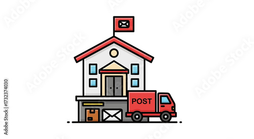 Stylized post office building with delivery truck illustration for postal service concept