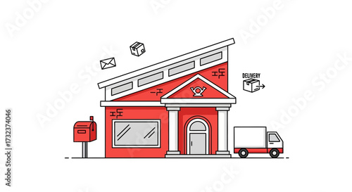 Stylized post office illustration with delivery truck and flying packages depiction of mailing
