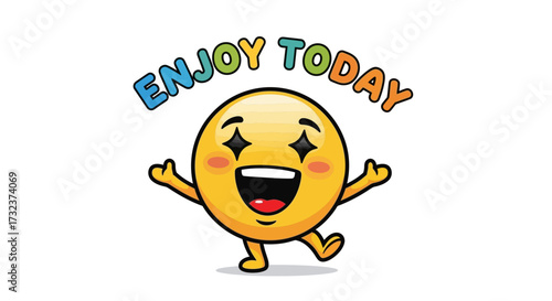 Vibrant emoji mascot radiating positivity with an invitation to embrace the current moment