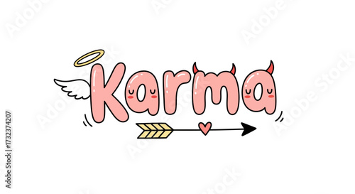Whimsical karma concept with angelic and devilish elements in cartoon style lettering