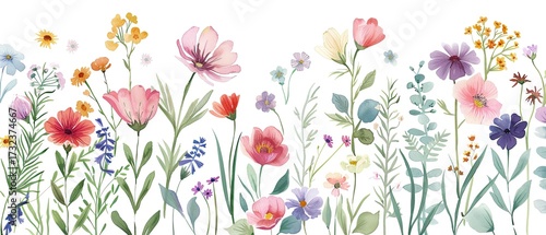 Watercolor wildflowers in a meadow. Elegant pattern for designs and decorations