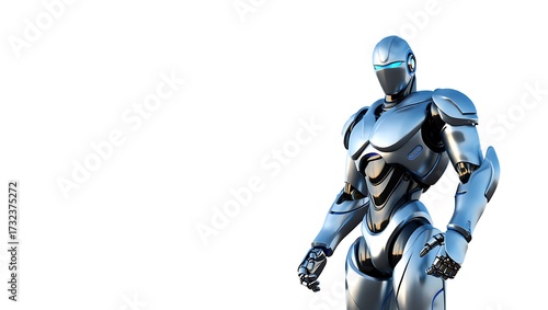 Futuristic cyborg robot standing isolated on white background