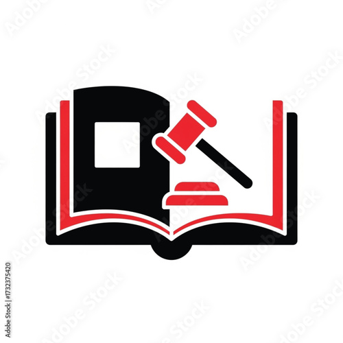 Law Book Icon with Gavel, Black and Red Vector Illustration
