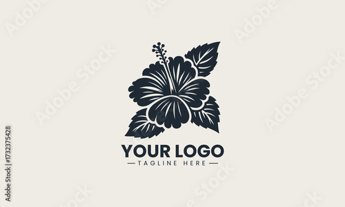 Detailed black silhouette of a beautiful tropical hibiscus flower with stamen creating a clean vector logo illustration design
