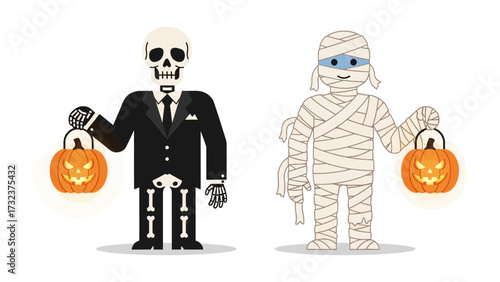 Halloween Characters: A skeleton in a suit and a mummy, both holding glowing Jack-o'-lanterns, ready for trick-or-treating on Halloween.