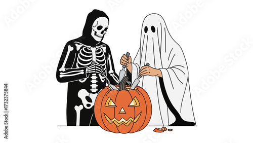 Spooky Halloween Pumpkin Carving: A spectral duo, a skeleton and ghost, join forces to carve a festive pumpkin, bringing the spirit of Halloween to life with their ghoulish collaboration. 