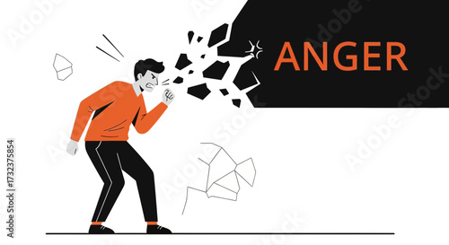 An angry man screams, breaking through a wall with an explosion of frustration and destructive rage