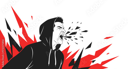 An angry man in a hoodie is screaming surrounded by red and black shards expressing frustration