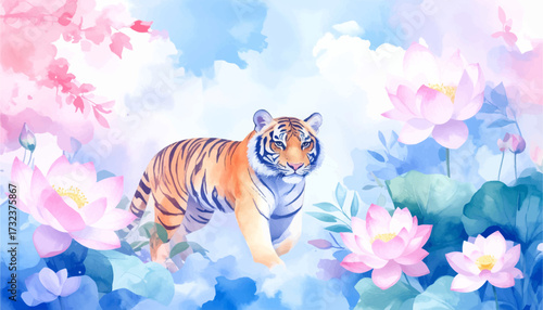 Colorful tiger walking in pastel flowers. Vibrant tiger with lotus flowers around. Bright tiger amid soft pastel flowers. Majestic tiger walking in blooming garden. Beautiful tiger surrounded by lotus
