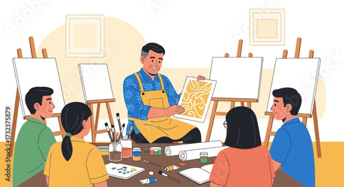 An art class where students are attentively listening to their teacher's instructions and