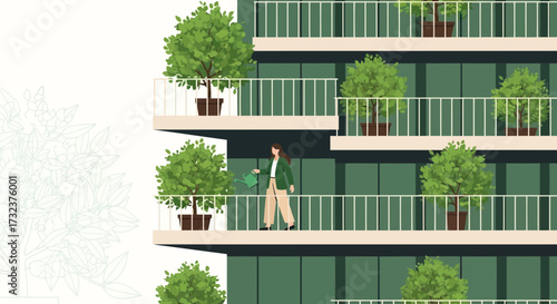 Apartment building with balconies filled with trees, showcasing urban greening and sustainable