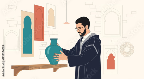 Arab man admiring a vintage turquoise vase with traditional decorations in the background