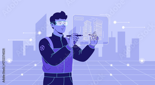 Architect visualizing building design with futuristic augmented reality technology