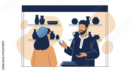 Artisan showcasing his pottery collection to a customer in a charming pottery shop
