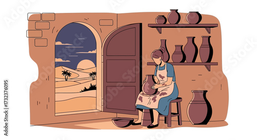 Artisan's touch: A woman shapes clay in a pottery studio with a desert view