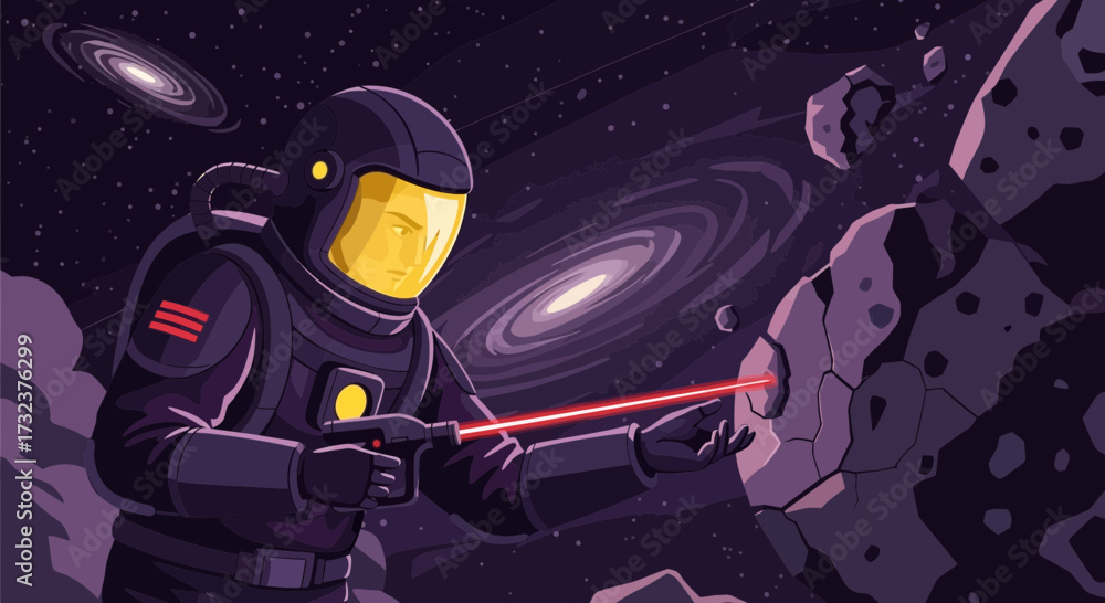 Fototapeta premium Astronaut explores space with laser tool examining asteroid amidst swirling galaxies