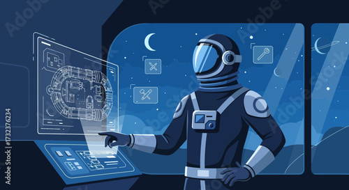 Astronaut interacting with futuristic spaceship interface in space station setting