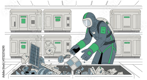 Astronaut Organizing Debris in Spaceship, Depicting Order, Maintenance, and Recycling Efforts