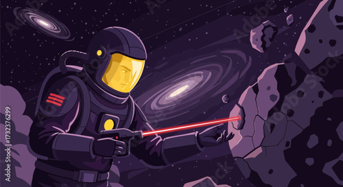 Astronaut explores space with laser tool examining asteroid amidst swirling galaxies