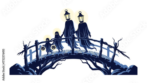 Lantern Family Crossing: A charming illustration depicts a family of lamp-headed figures, hand-in-hand, traversing a whimsical bridge, with their gentle light guiding the way.