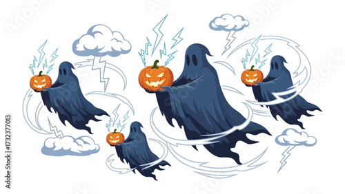 Halloween Ghosts with Pumpkin: A whimsical and spirited scene unfolds as shadowy figures float through the air, each cradling a carved pumpkin against a backdrop of stormy clouds and lightning.