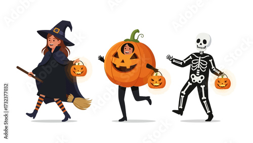 Spooky Halloween Parade: Three imaginative characters stroll, each personifying the eerie charm of Halloween. A witch, a jack-o'-lantern, and a skeleton move forward, each holding a lantern.