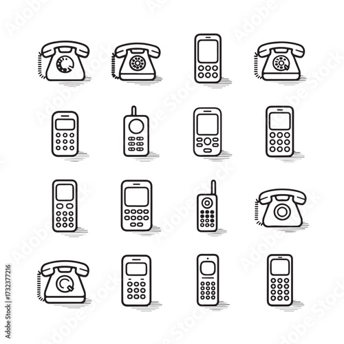 Grid of telephone icons, showcasing evolution from rotary to modern mobile phones, isolated on white background technology background