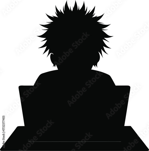 Black silhouette of young person with spiky hair at laptop vector