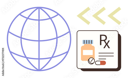 Globe next to prescription details, pills, and medicine bottle representing healthcare access, e-pharmacy, telemedicine. Ideal for global medicine, digital health, online pharmacy, connectivity