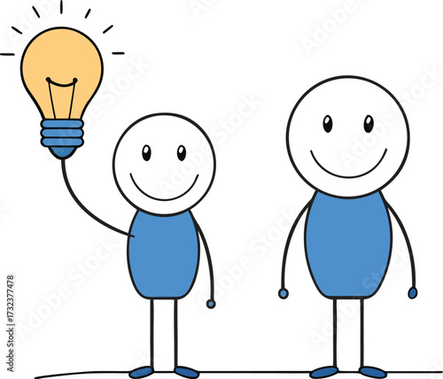 Two stick figures one holding a glowing light bulb with rays idea inspiration vector illustration EPS file download.
