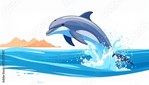 A vector illustration of a dolphin jumping out of water flat marine style isolated on white background
