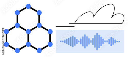 Hexagonal data network, cloud outline, and soundwave visual integrate technology, cloud computing, audio analytics, data storage, digital communication, networking and innovation. Ideal for simple