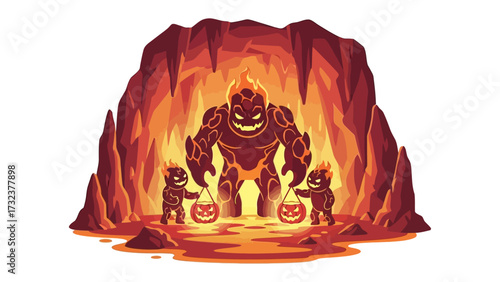Fiery Encounter: A fiery creature and two smaller imps prepare for Halloween with a dramatic illustration featuring a monster and playful imps, perfect for Halloween-themed content. 