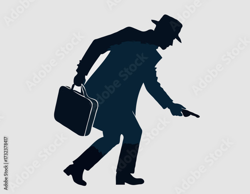 Silhouette of detective investigate is following footprints