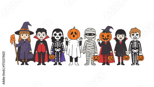 Halloween Ensemble: A vibrant illustration showcasing a diverse group of children in elaborate Halloween costumes, each embodying a classic spooky character, ready for trick-or-treating adventures.
