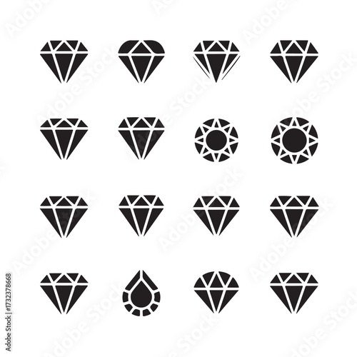 Set of black diamond icons with different facets and shapes isolated on white background technology background