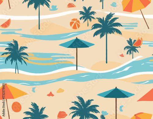 Sunny Beach Scene with Golden Sands and Clear Blue Skies, Ideal for Vacation Themes and Relaxation Concepts.