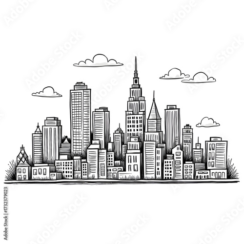 Cityscape Symphony: Capturing the iconic skyline in an artistic sketch. This monochrome illustration encapsulates the grandeur of urban life, a testament to the enduring appeal of human ingenuity. 