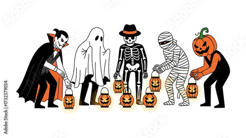 Spooky Halloween Spectacle: A whimsical illustration showcases a vibrant parade of classic Halloween figures, each holding a glowing lantern, radiating a playful sense of spooky cheer.
