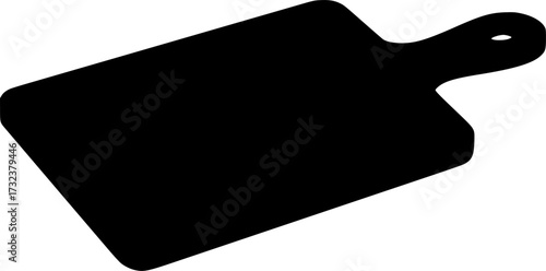 Black silhouette of a kitchen cutting board with a handle isolated on white background