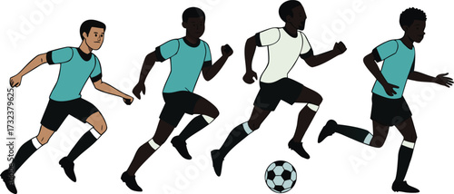 Four diverse male soccer players running with a ball football sport vector illustration EPS file download.

