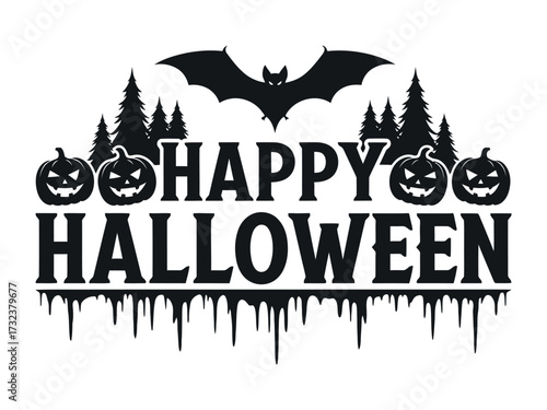 Happy Halloween Design: This image captures the spooky spirit of Halloween, featuring a grinning pumpkin, silhouette of bat, pine trees, perfect for seasonal designs and festive celebrations.