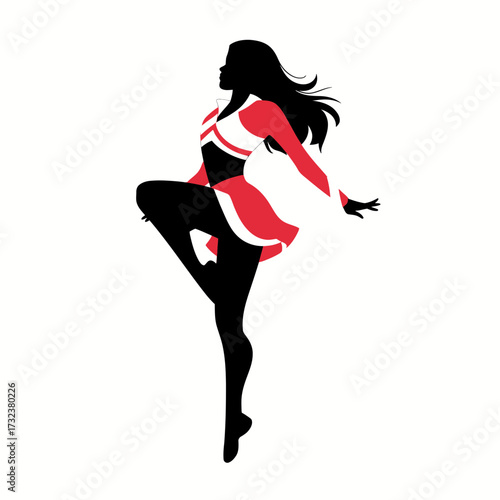 Dynamic silhouette cheerleader vector illustration performing a lively dance move silhouette white background
