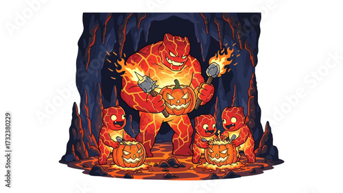 Infernal Halloween Pumpkin Carving: A fiery monster with glowing eyes, alongside a group of smaller fiery companions.