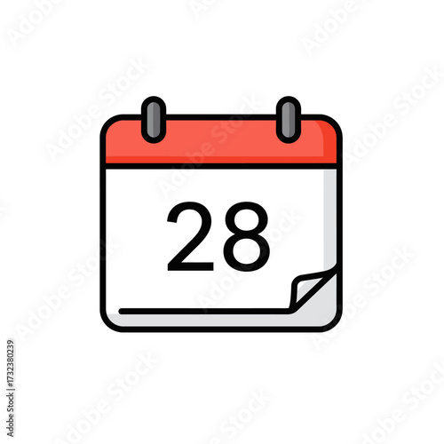 Calendar Icon Vector Illustration with Number 28 in Red White Colors Modern Flat Design