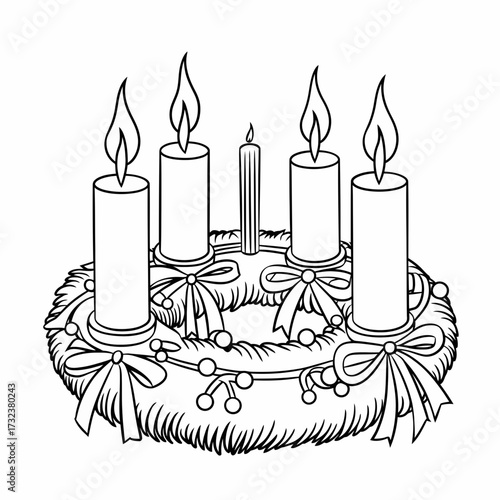 Intricate vector wreath illustration with five candles for festive decorations silhouette white background