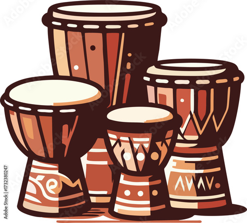 Cartoon African Djembe Drum Set Vector Illustration, Traditional Percussion Instruments