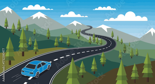 Blue car driving on a winding road through a mountainous landscape.